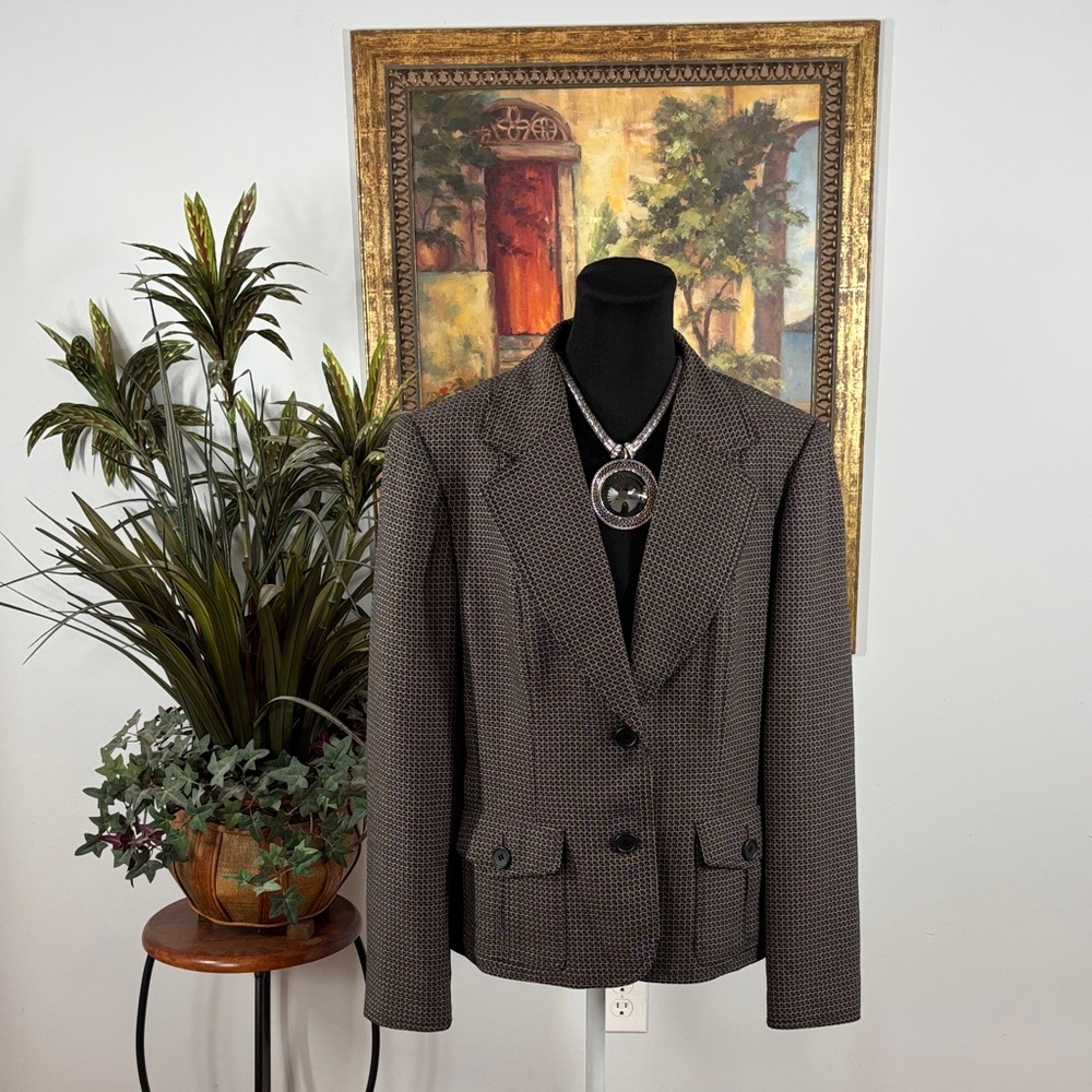 Jones New‎ York Suit 14 Women's Brown Lapel Notch Collar Checkered Two Button